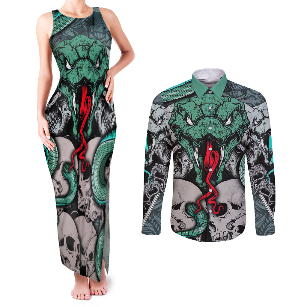 infernal-trio-couples-matching-tank-maxi-dress-and-long-sleeve-button-shirts-skull-viper-and-sinister-snake