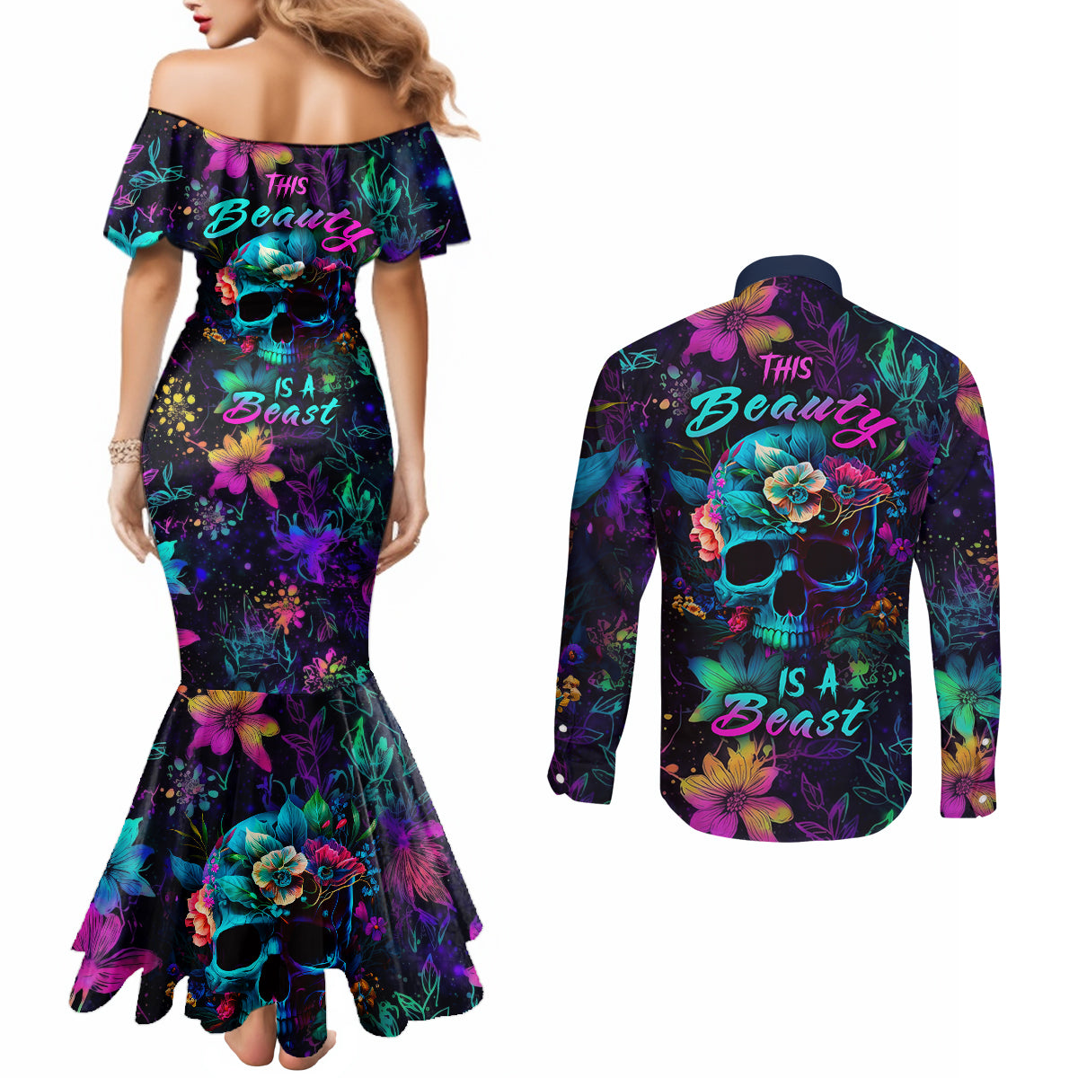 this-beauty-is-a-beast-couples-matching-mermaid-dress-and-long-sleeve-button-shirts