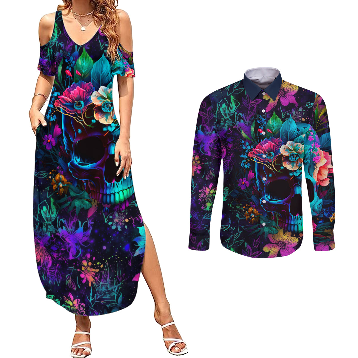 this-beauty-is-a-beast-couples-matching-summer-maxi-dress-and-long-sleeve-button-shirts