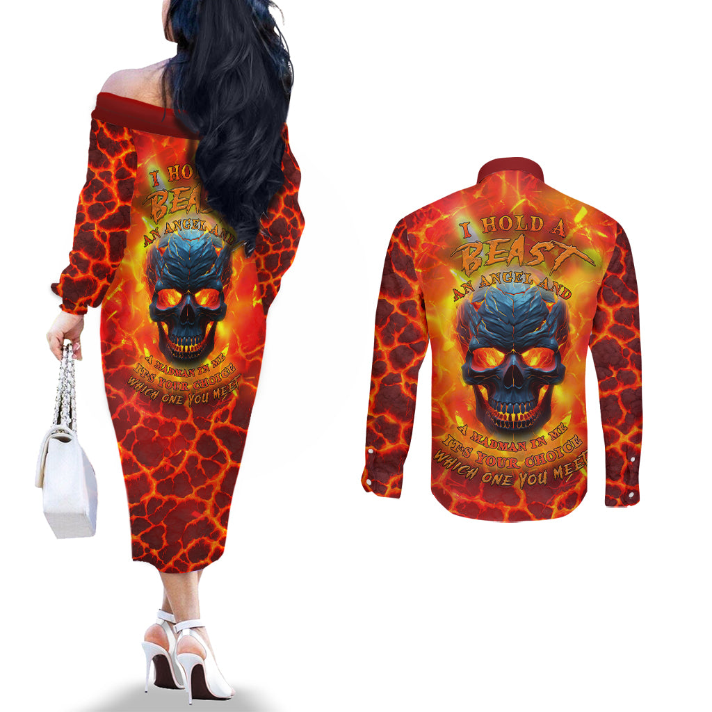 i-hold-a-beast-an-angel-and-a-madman-in-me-couples-matching-off-the-shoulder-long-sleeve-dress-and-long-sleeve-button-shirts