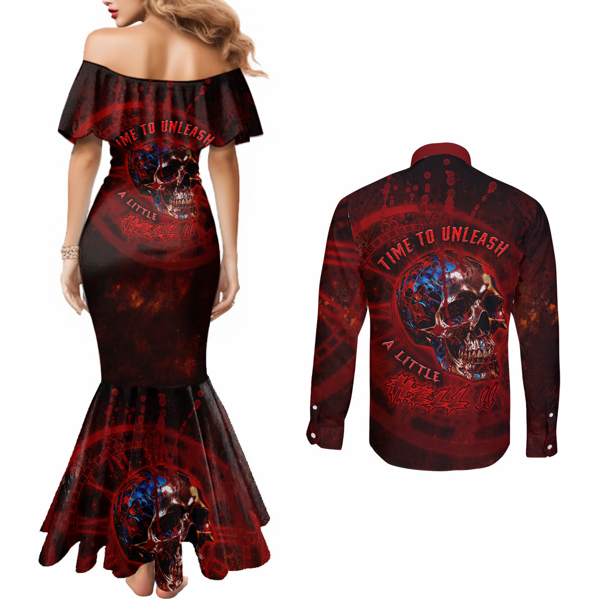 time-to-unleash-a-little-hell-couples-matching-mermaid-dress-and-long-sleeve-button-shirts