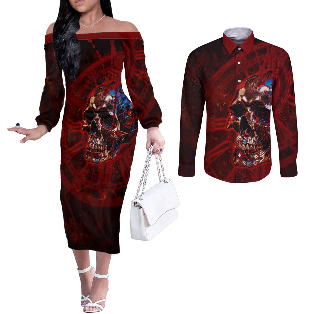 time-to-unleash-a-little-hell-couples-matching-off-the-shoulder-long-sleeve-dress-and-long-sleeve-button-shirts