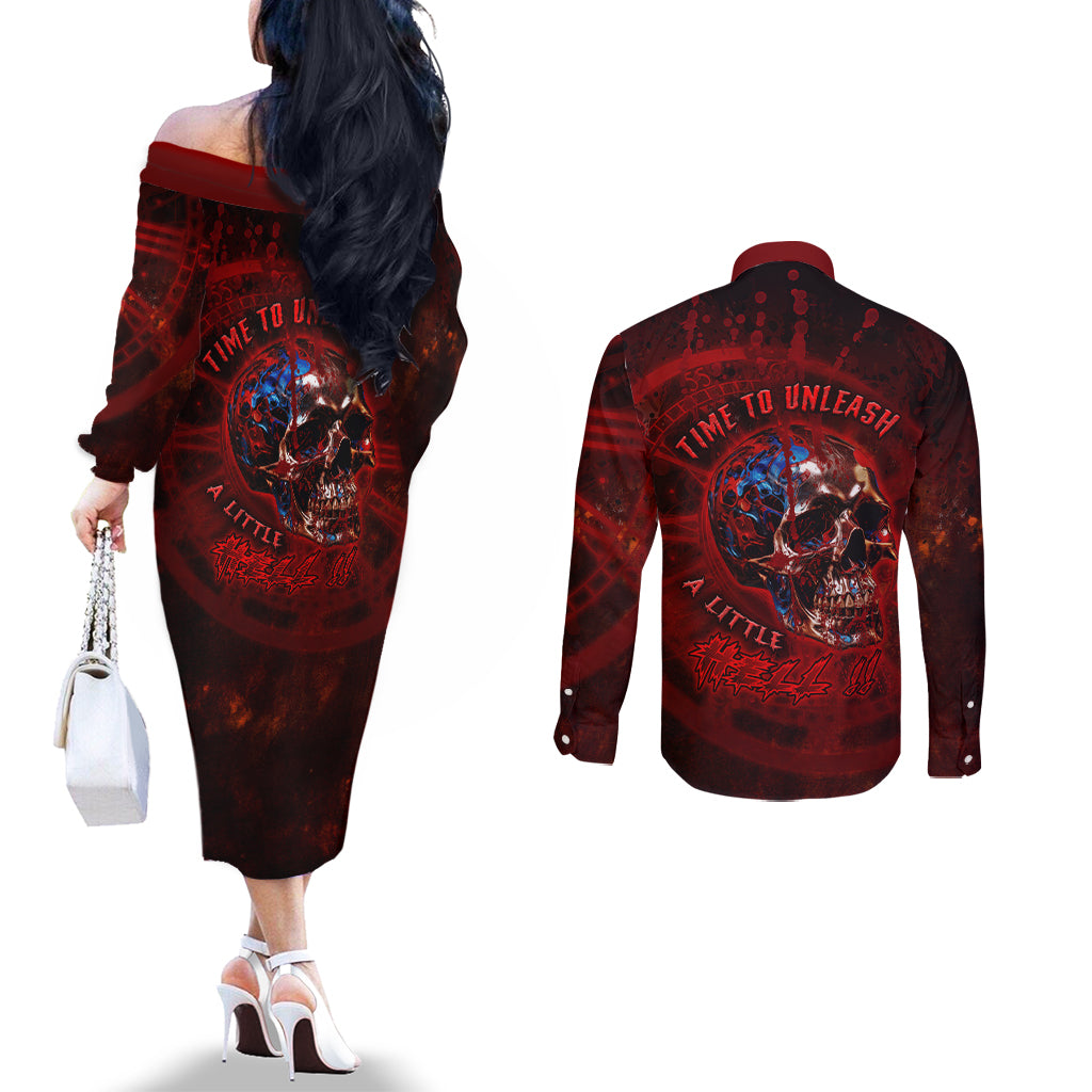 time-to-unleash-a-little-hell-couples-matching-off-the-shoulder-long-sleeve-dress-and-long-sleeve-button-shirts