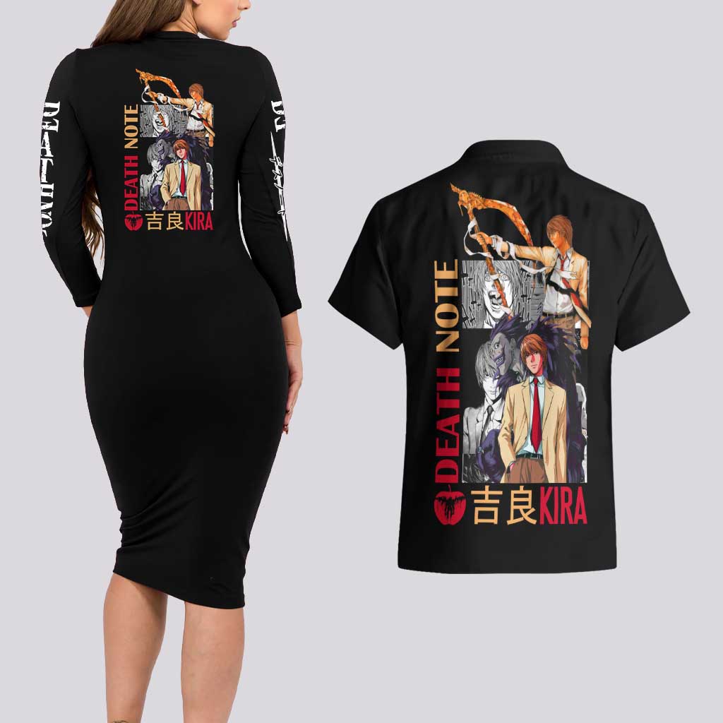 Light Yagami Death Note Couples Matching Long Sleeve Bodycon Dress and Hawaiian Shirt Anime Mix Manga Style