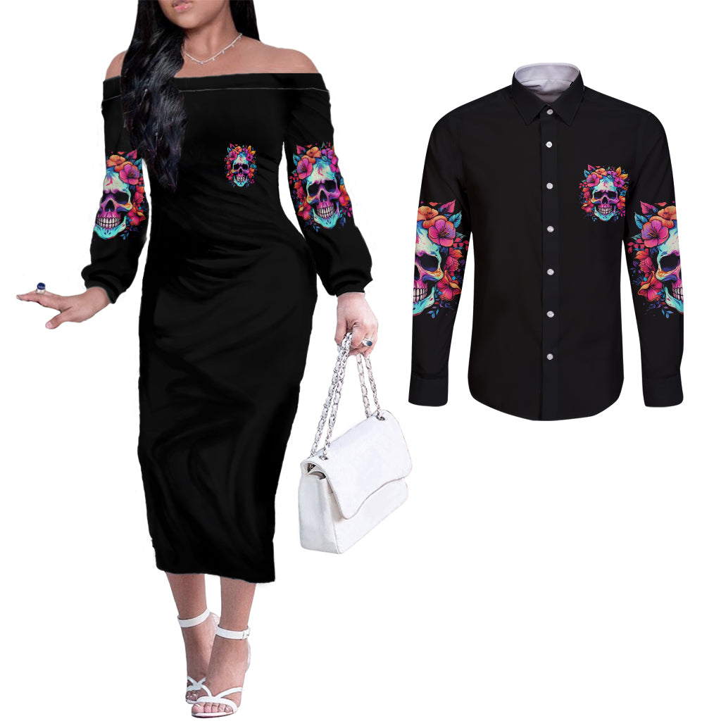im-not-a-b-im-just-honest-skull-roses-colorful-couples-matching-off-the-shoulder-long-sleeve-dress-and-long-sleeve-button-shirt