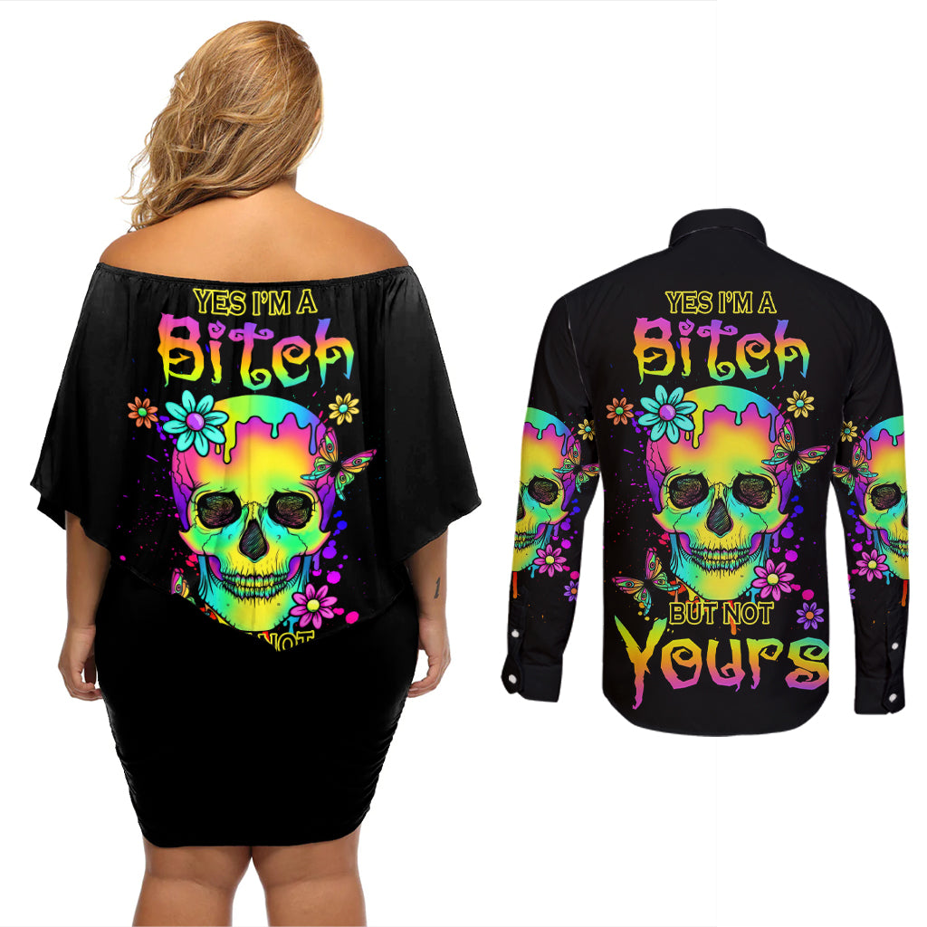 yes-im-a-b-but-not-yours-couples-matching-off-shoulder-short-dress-and-long-sleeve-button-shirt