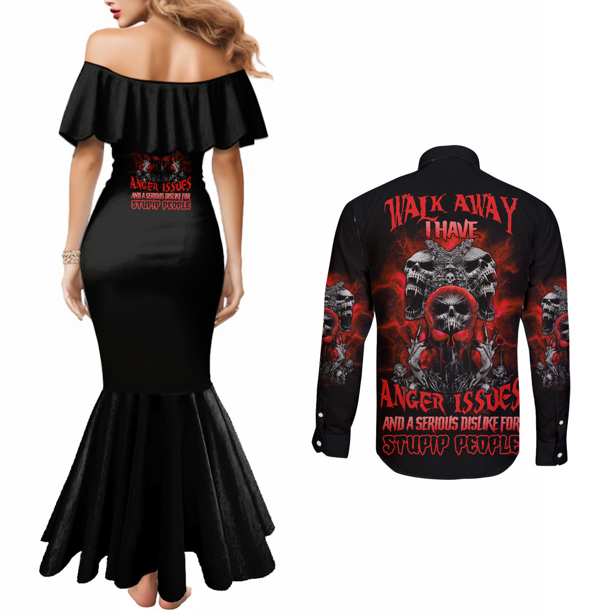 walk-away-i-have-anger-issues-skull-couples-matching-mermaid-dress-and-long-sleeve-button-shirt