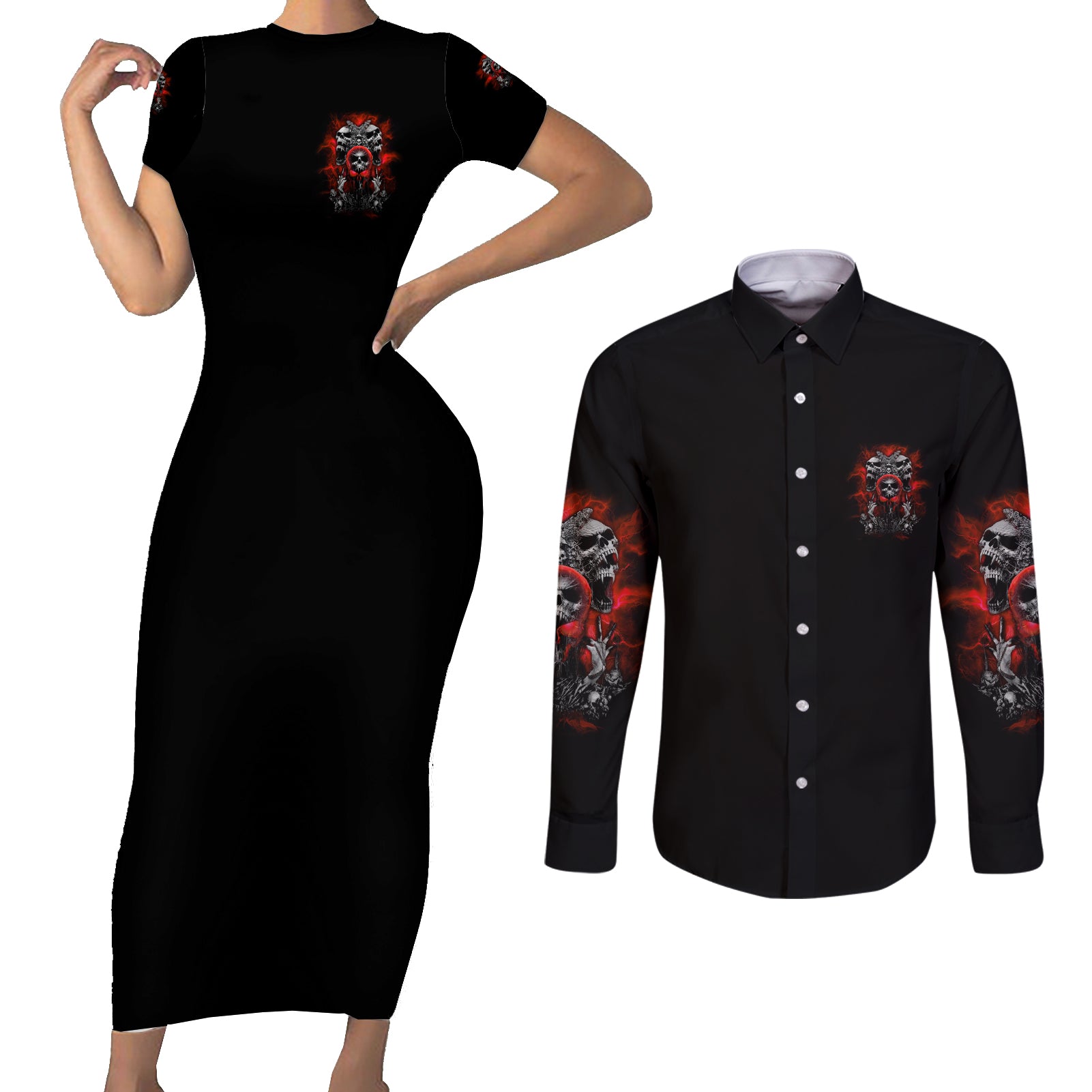 walk-away-i-have-anger-issues-skull-couples-matching-short-sleeve-bodycon-dress-and-long-sleeve-button-shirt