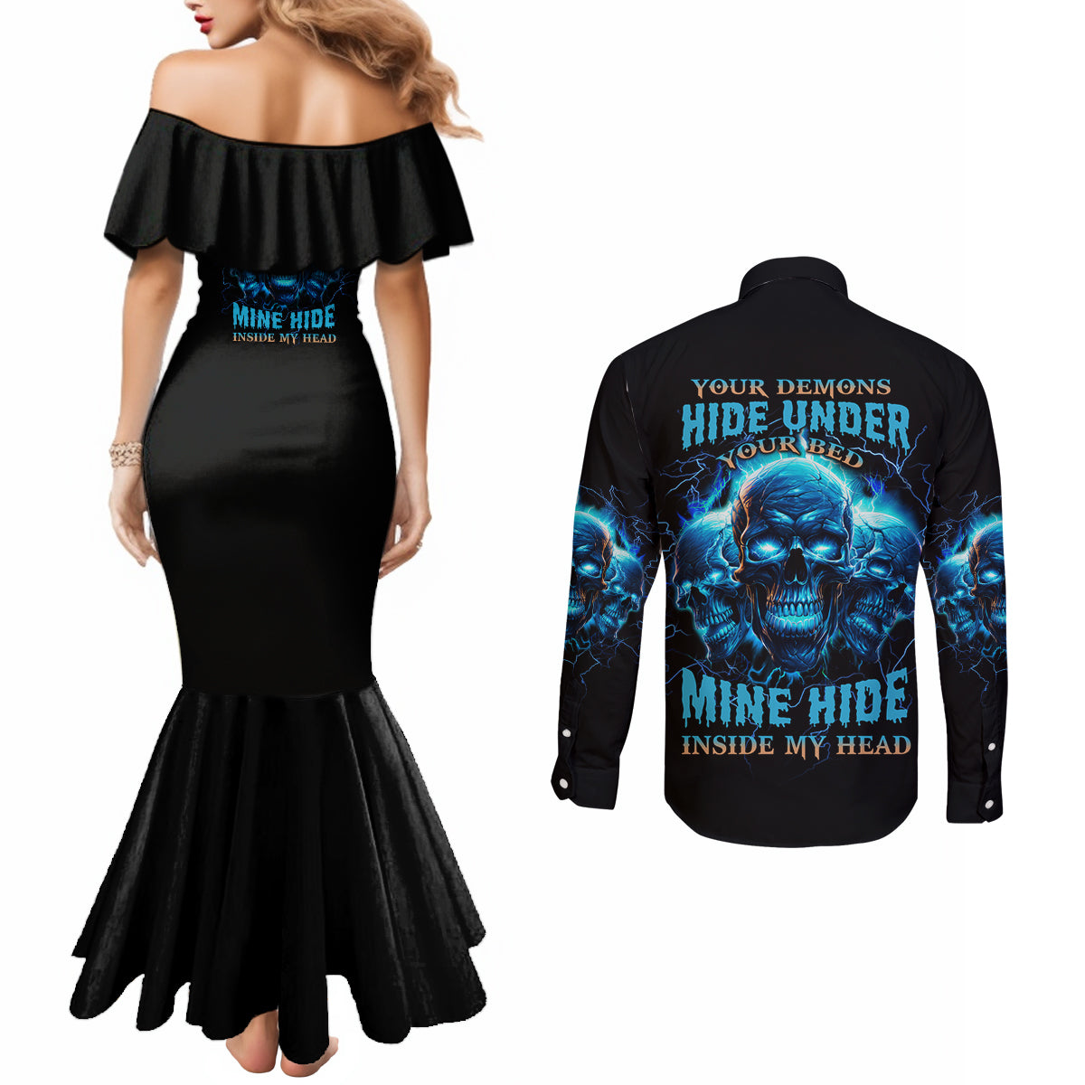 your-demons-hide-under-your-bed-couples-matching-mermaid-dress-and-long-sleeve-button-shirt