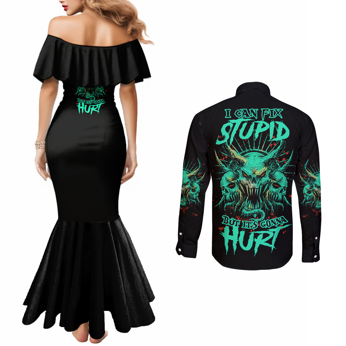 i-can-fix-stupid-but-its-gonna-hurt-couples-matching-mermaid-dress-and-long-sleeve-button-shirt