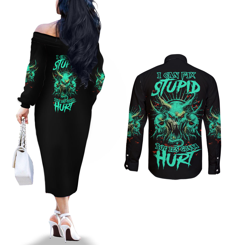 i-can-fix-stupid-but-its-gonna-hurt-couples-matching-off-the-shoulder-long-sleeve-dress-and-long-sleeve-button-shirt