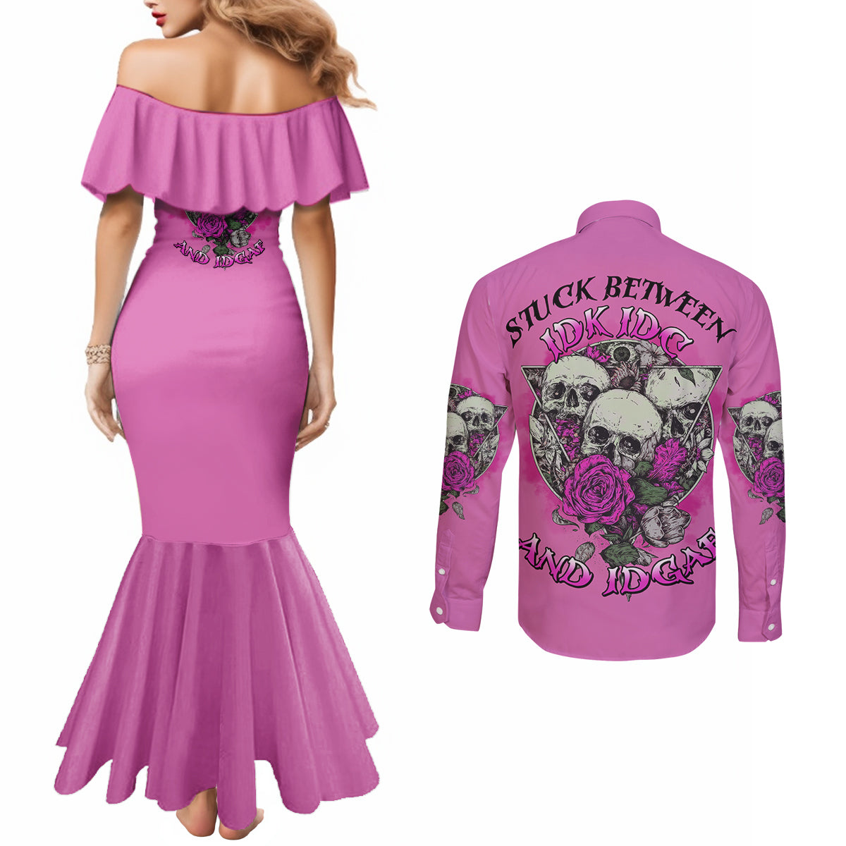 stuck-between-idk-idc-and-idgaf-pink-couples-matching-mermaid-dress-and-long-sleeve-button-shirt