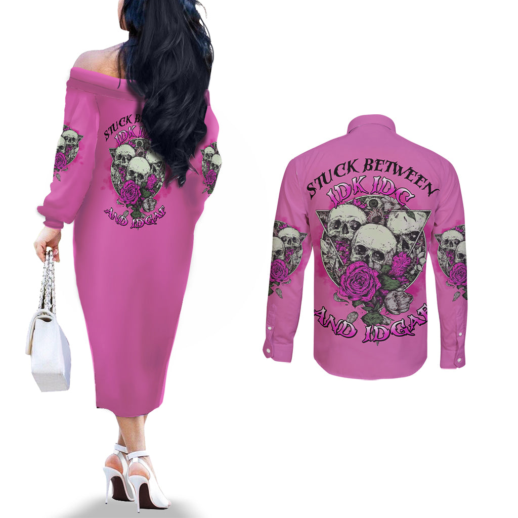 stuck-between-idk-idc-and-idgaf-pink-couples-matching-off-the-shoulder-long-sleeve-dress-and-long-sleeve-button-shirt