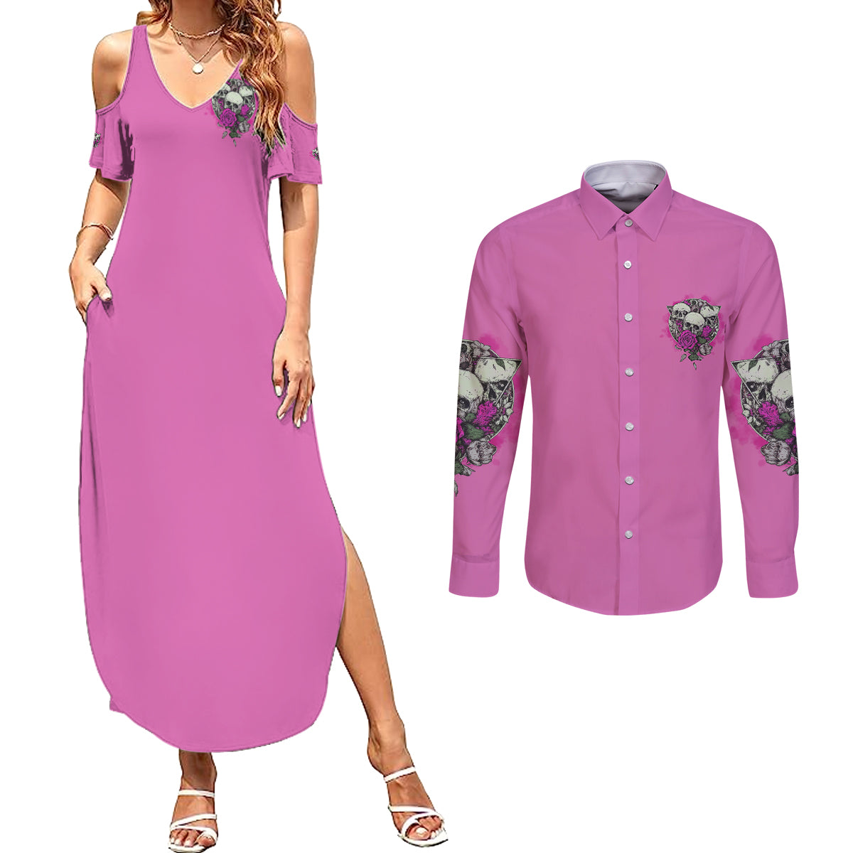 stuck-between-idk-idc-and-idgaf-pink-couples-matching-summer-maxi-dress-and-long-sleeve-button-shirt