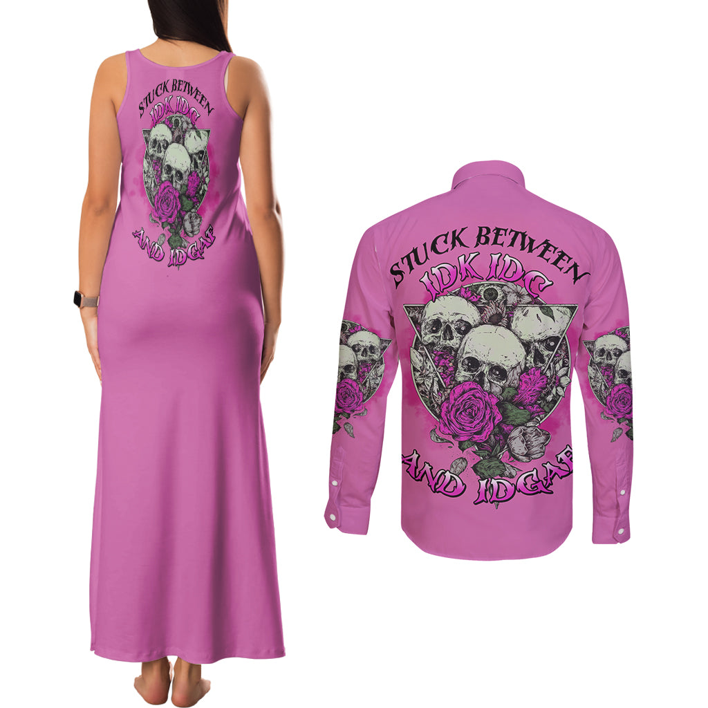 stuck-between-idk-idc-and-idgaf-pink-couples-matching-tank-maxi-dress-and-long-sleeve-button-shirt
