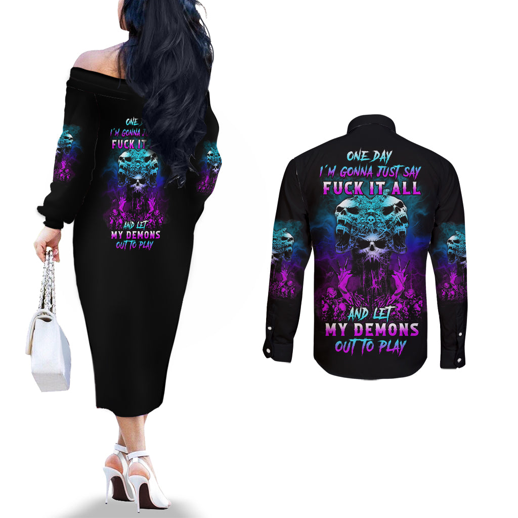 one-day-let-my-demons-out-to-play-couples-matching-off-the-shoulder-long-sleeve-dress-and-long-sleeve-button-shirt
