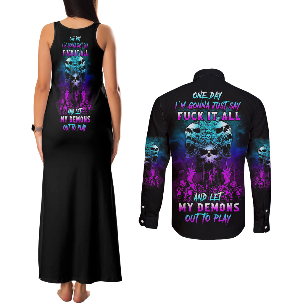 one-day-let-my-demons-out-to-play-couples-matching-tank-maxi-dress-and-long-sleeve-button-shirt