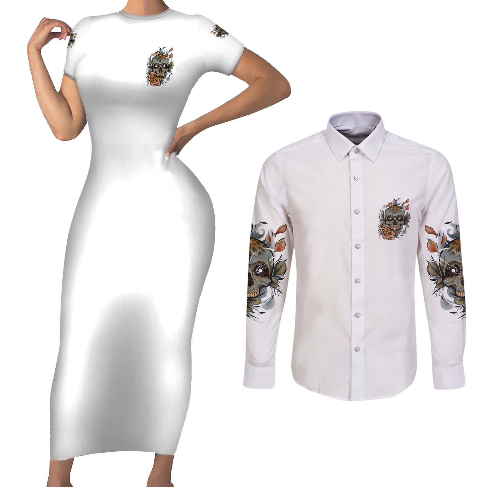 i-dont-need-a-middle-skull-couples-matching-short-sleeve-bodycon-dress-and-long-sleeve-button-shirt