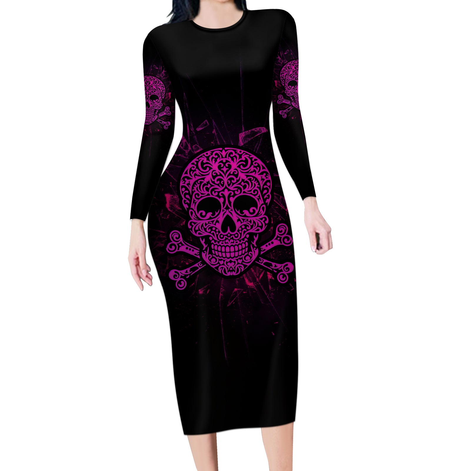can-you-see-the-f-you-skull-rose-long-sleeve-bodycon-dress