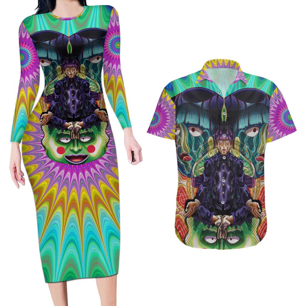 Trippy Meditating Shigeo Kageyama Mob Psycho 100 Couples Matching Long Sleeve Bodycon Dress and Hawaiian Shirt Trippy Mix Anime Style - The Mazicc
