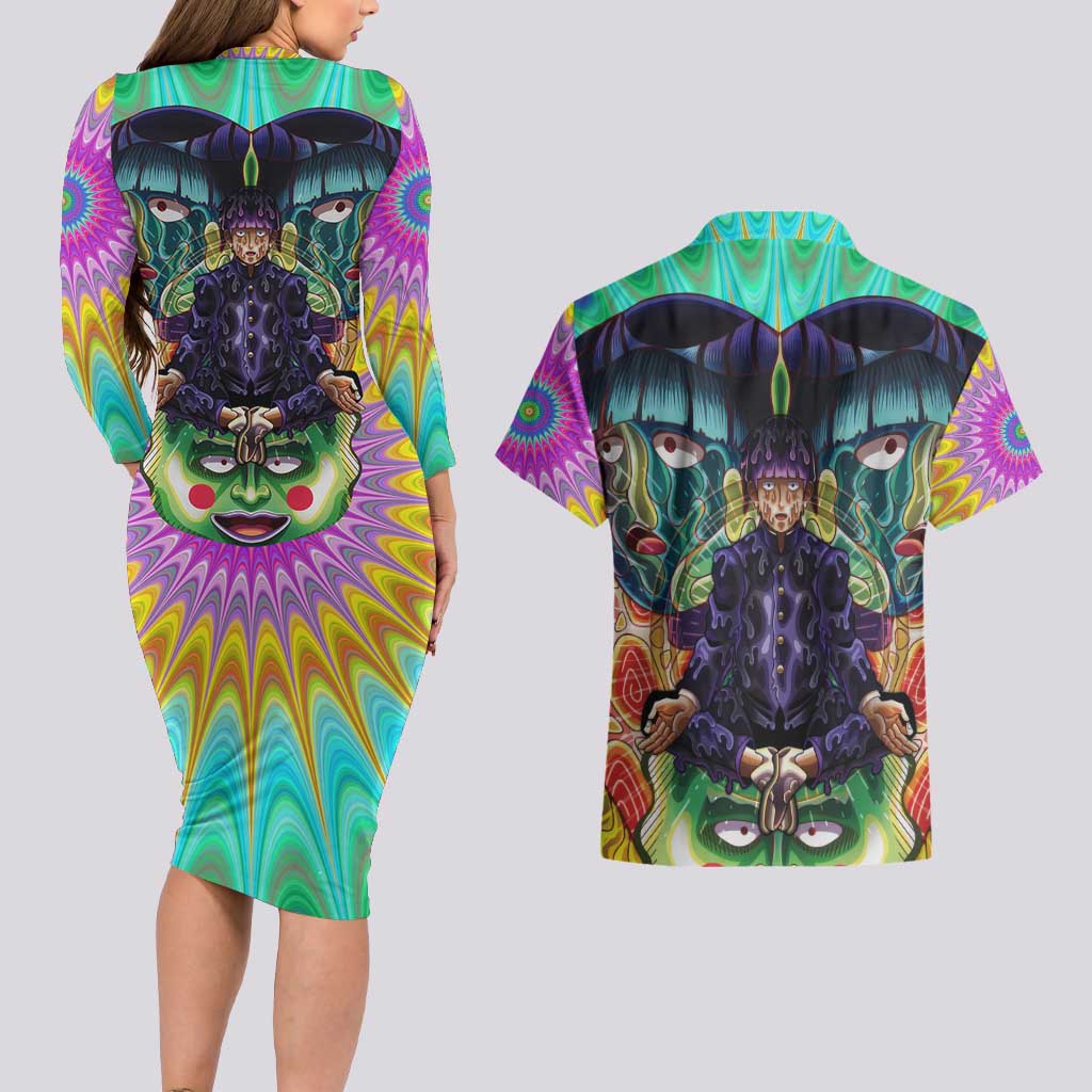 Trippy Meditating Shigeo Kageyama Mob Psycho 100 Couples Matching Long Sleeve Bodycon Dress and Hawaiian Shirt Trippy Mix Anime Style - The Mazicc
