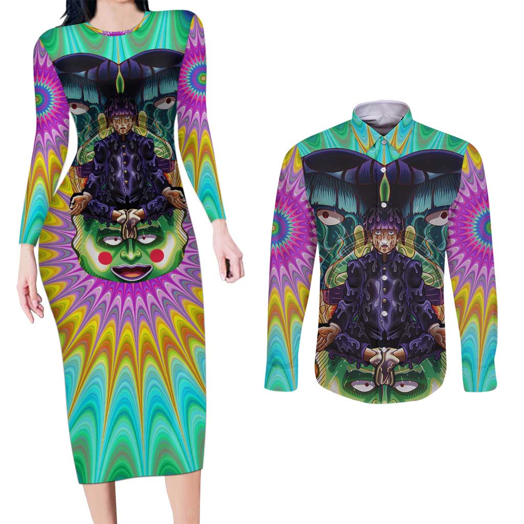Trippy Meditating Shigeo Kageyama Mob Psycho 100 Couples Matching Long Sleeve Bodycon Dress and Long Sleeve Button Shirt Trippy Mix Anime Style - The Mazicc