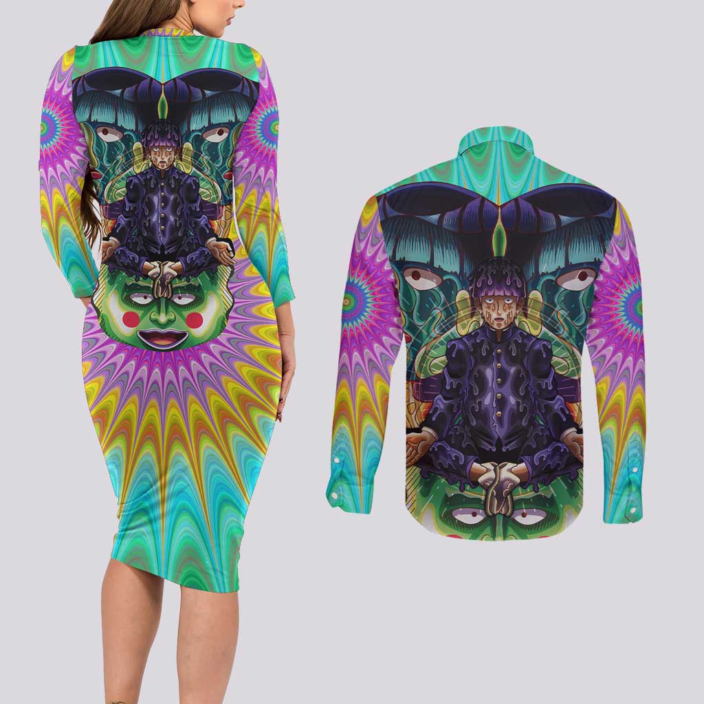 Trippy Meditating Shigeo Kageyama Mob Psycho 100 Couples Matching Long Sleeve Bodycon Dress and Long Sleeve Button Shirt Trippy Mix Anime Style - The Mazicc