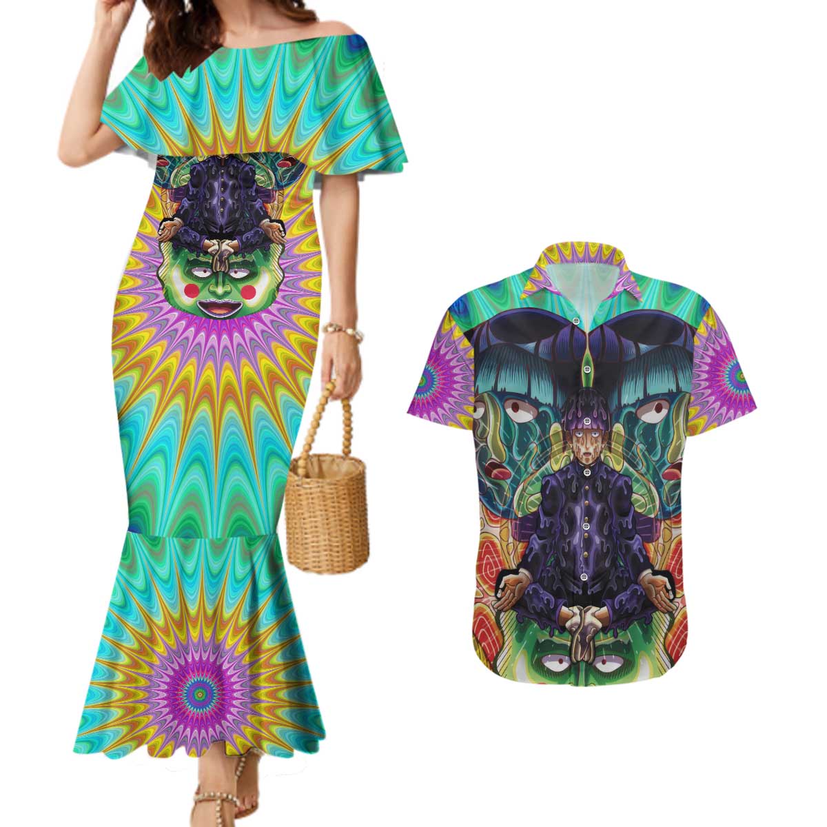 Trippy Meditating Shigeo Kageyama Mob Psycho 100 Couples Matching Mermaid Dress and Hawaiian Shirt Trippy Mix Anime Style - The Mazicc