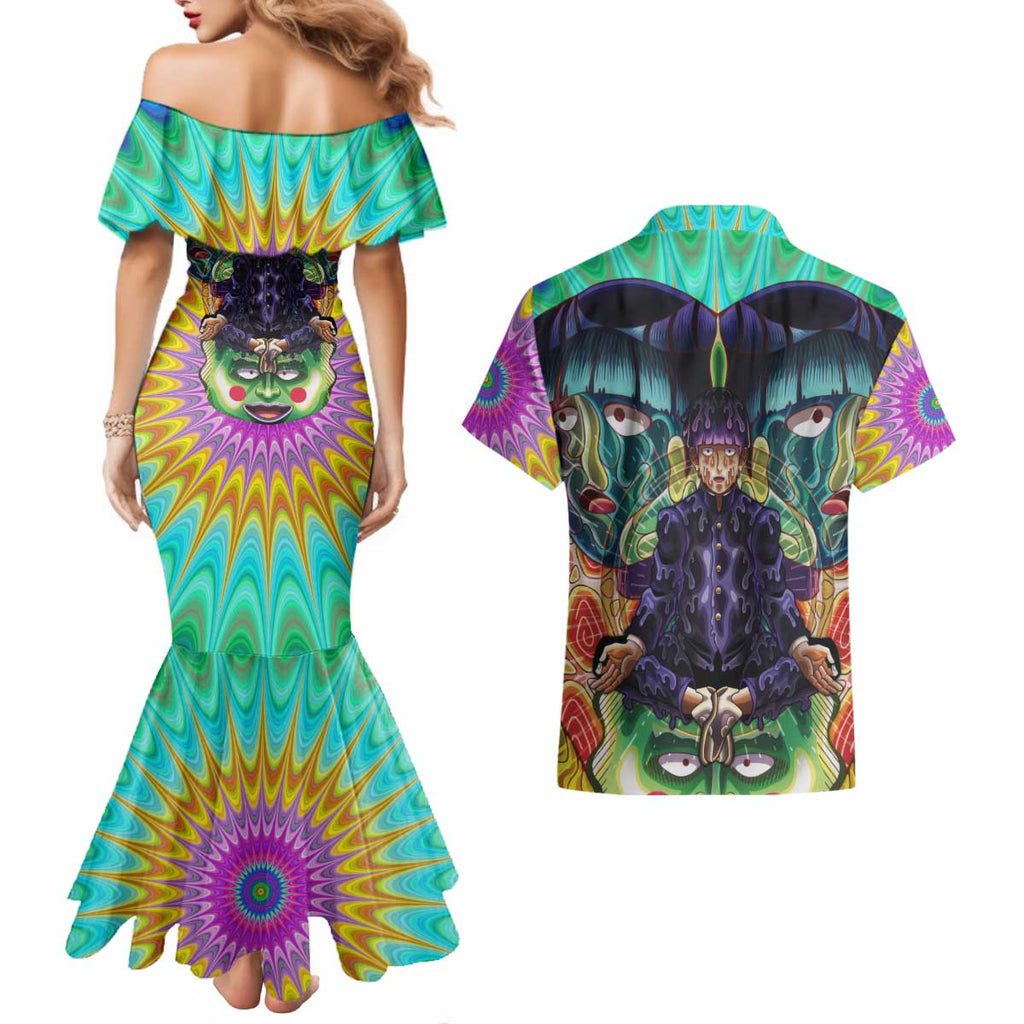 Trippy Meditating Shigeo Kageyama Mob Psycho 100 Couples Matching Mermaid Dress and Hawaiian Shirt Trippy Mix Anime Style - The Mazicc