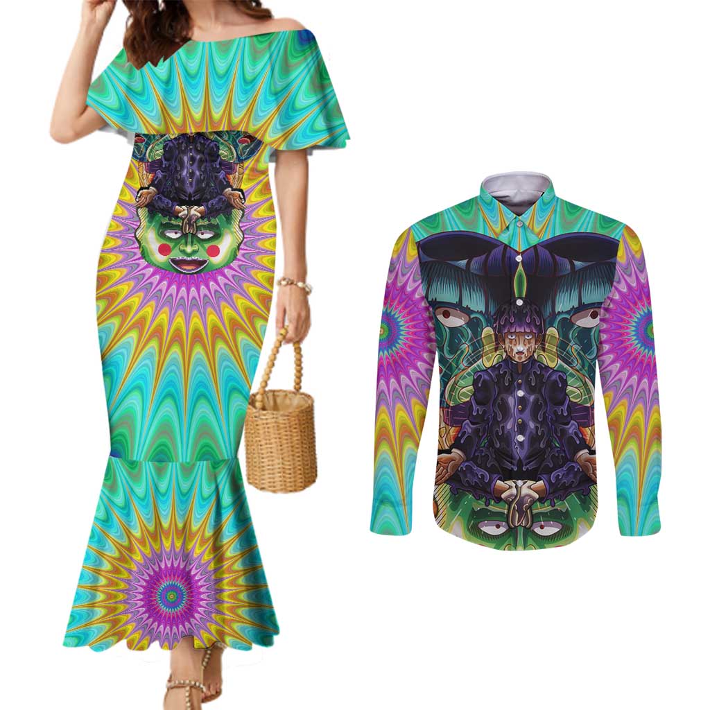 Trippy Meditating Shigeo Kageyama Mob Psycho 100 Couples Matching Mermaid Dress and Long Sleeve Button Shirt Trippy Mix Anime Style - The Mazicc