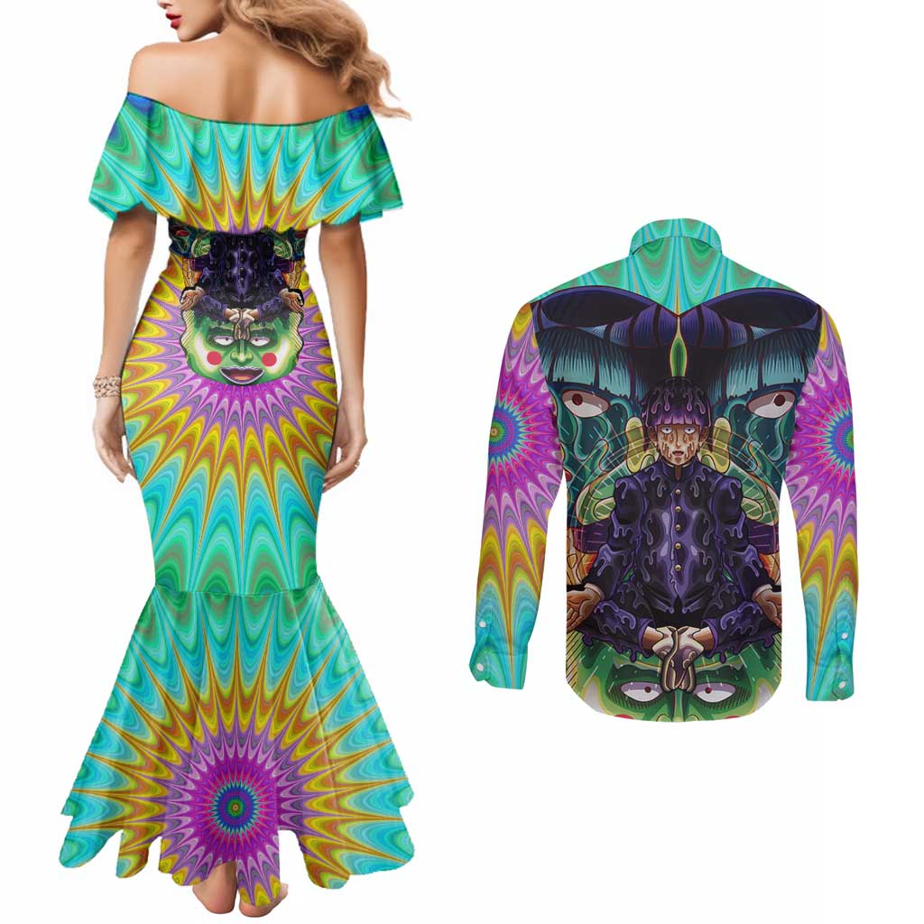 Trippy Meditating Shigeo Kageyama Mob Psycho 100 Couples Matching Mermaid Dress and Long Sleeve Button Shirt Trippy Mix Anime Style - The Mazicc