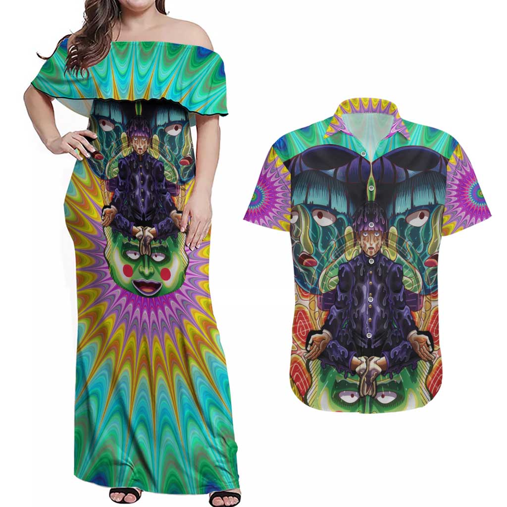 Trippy Meditating Shigeo Kageyama Mob Psycho 100 Couples Matching Off Shoulder Maxi Dress and Hawaiian Shirt Trippy Mix Anime Style - The Mazicc