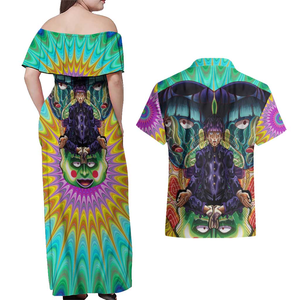 Trippy Meditating Shigeo Kageyama Mob Psycho 100 Couples Matching Off Shoulder Maxi Dress and Hawaiian Shirt Trippy Mix Anime Style - The Mazicc