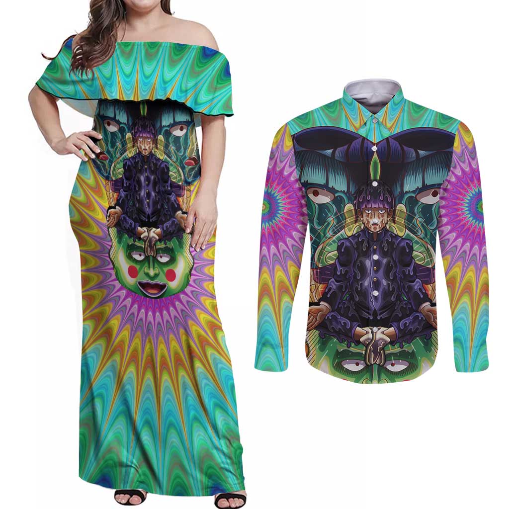 Trippy Meditating Shigeo Kageyama Mob Psycho 100 Couples Matching Off Shoulder Maxi Dress and Long Sleeve Button Shirt Trippy Mix Anime Style - The Mazicc