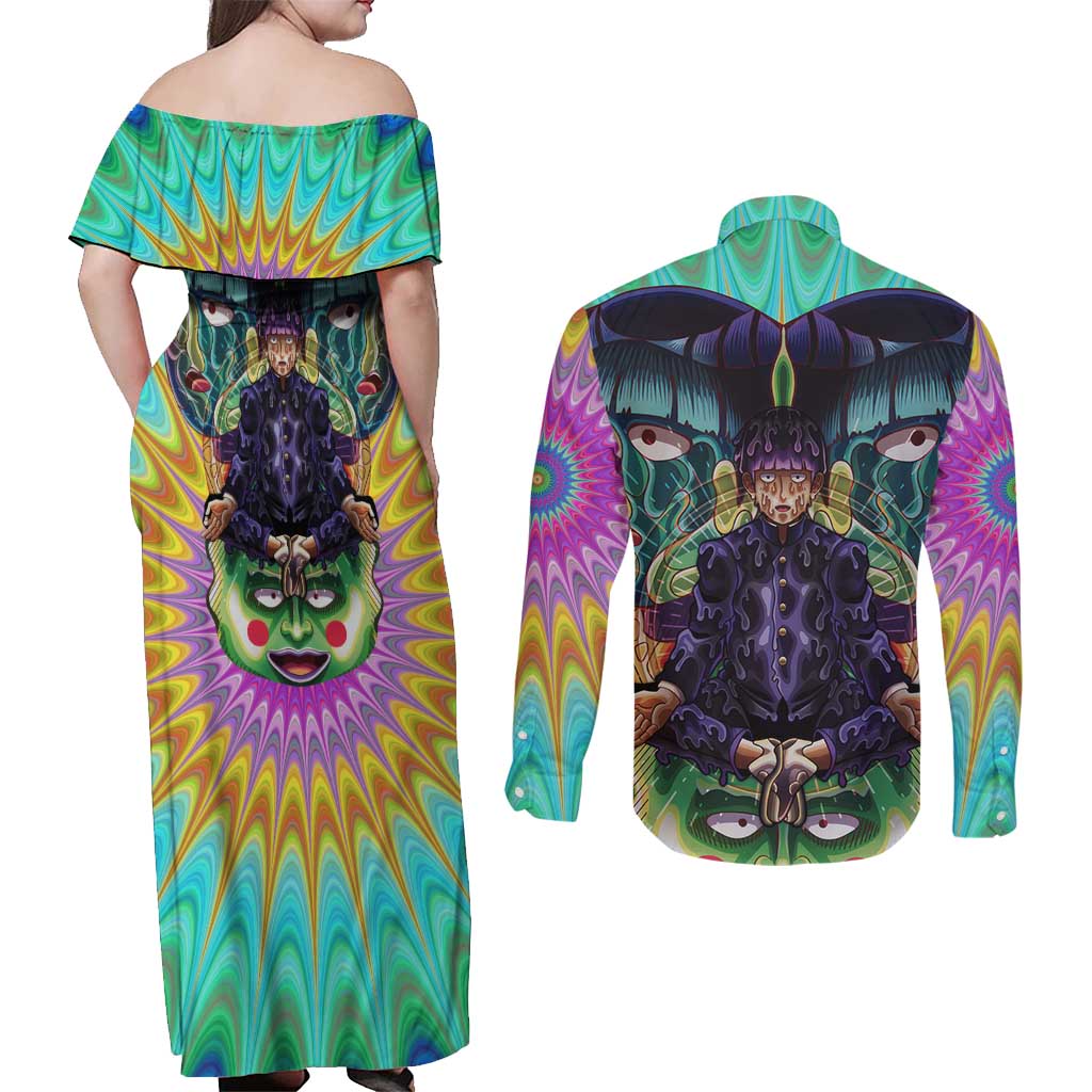 Trippy Meditating Shigeo Kageyama Mob Psycho 100 Couples Matching Off Shoulder Maxi Dress and Long Sleeve Button Shirt Trippy Mix Anime Style - The Mazicc