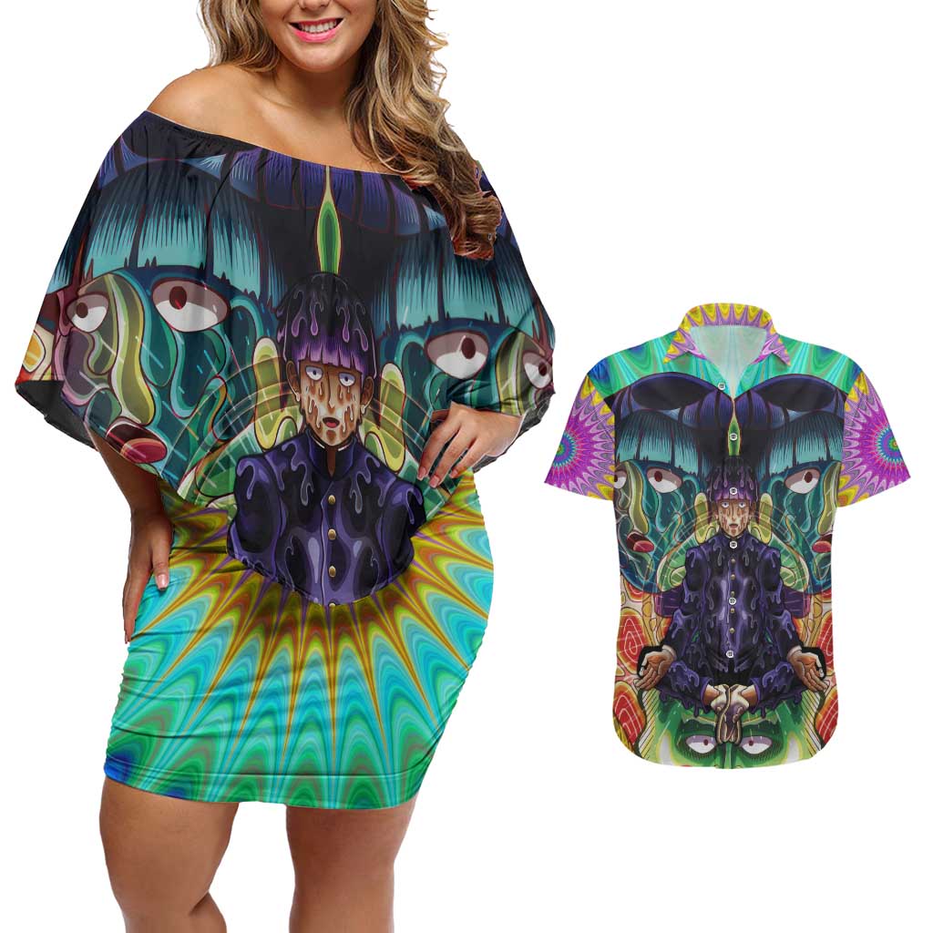 Trippy Meditating Shigeo Kageyama Mob Psycho 100 Couples Matching Off Shoulder Short Dress and Hawaiian Shirt Trippy Mix Anime Style - The Mazicc