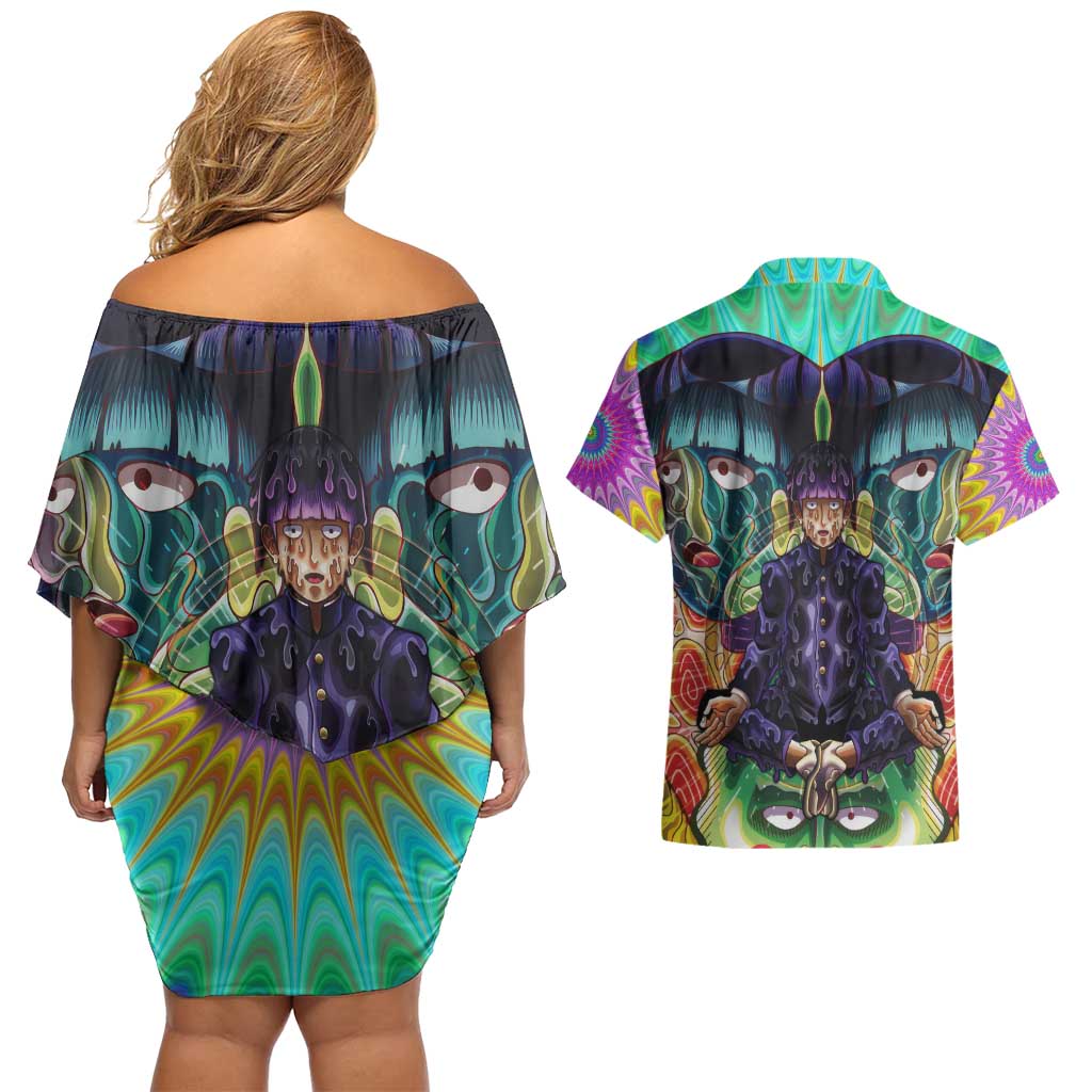 Trippy Meditating Shigeo Kageyama Mob Psycho 100 Couples Matching Off Shoulder Short Dress and Hawaiian Shirt Trippy Mix Anime Style - The Mazicc