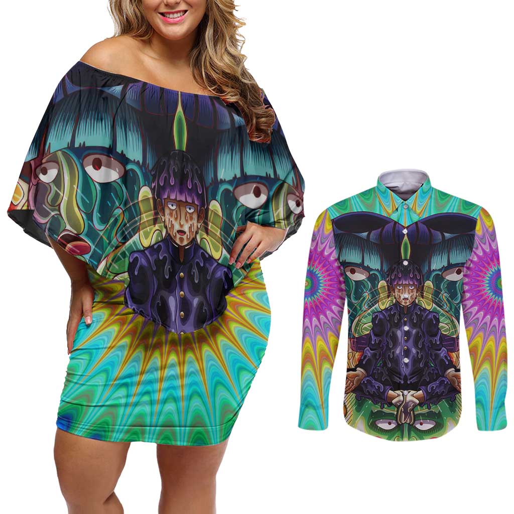 Trippy Meditating Shigeo Kageyama Mob Psycho 100 Couples Matching Off Shoulder Short Dress and Long Sleeve Button Shirt Trippy Mix Anime Style - The Mazicc