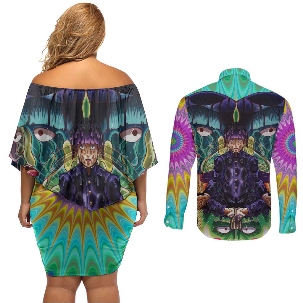 Trippy Meditating Shigeo Kageyama Mob Psycho 100 Couples Matching Off Shoulder Short Dress and Long Sleeve Button Shirt Trippy Mix Anime Style - The Mazicc