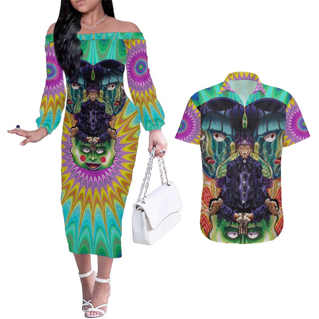 Trippy Meditating Shigeo Kageyama Mob Psycho 100 Couples Matching Off The Shoulder Long Sleeve Dress and Hawaiian Shirt Trippy Mix Anime Style - The Mazicc