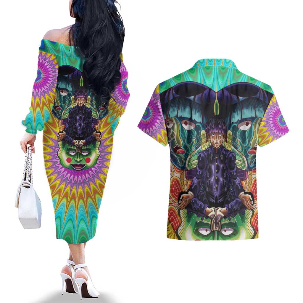 Trippy Meditating Shigeo Kageyama Mob Psycho 100 Couples Matching Off The Shoulder Long Sleeve Dress and Hawaiian Shirt Trippy Mix Anime Style - The Mazicc