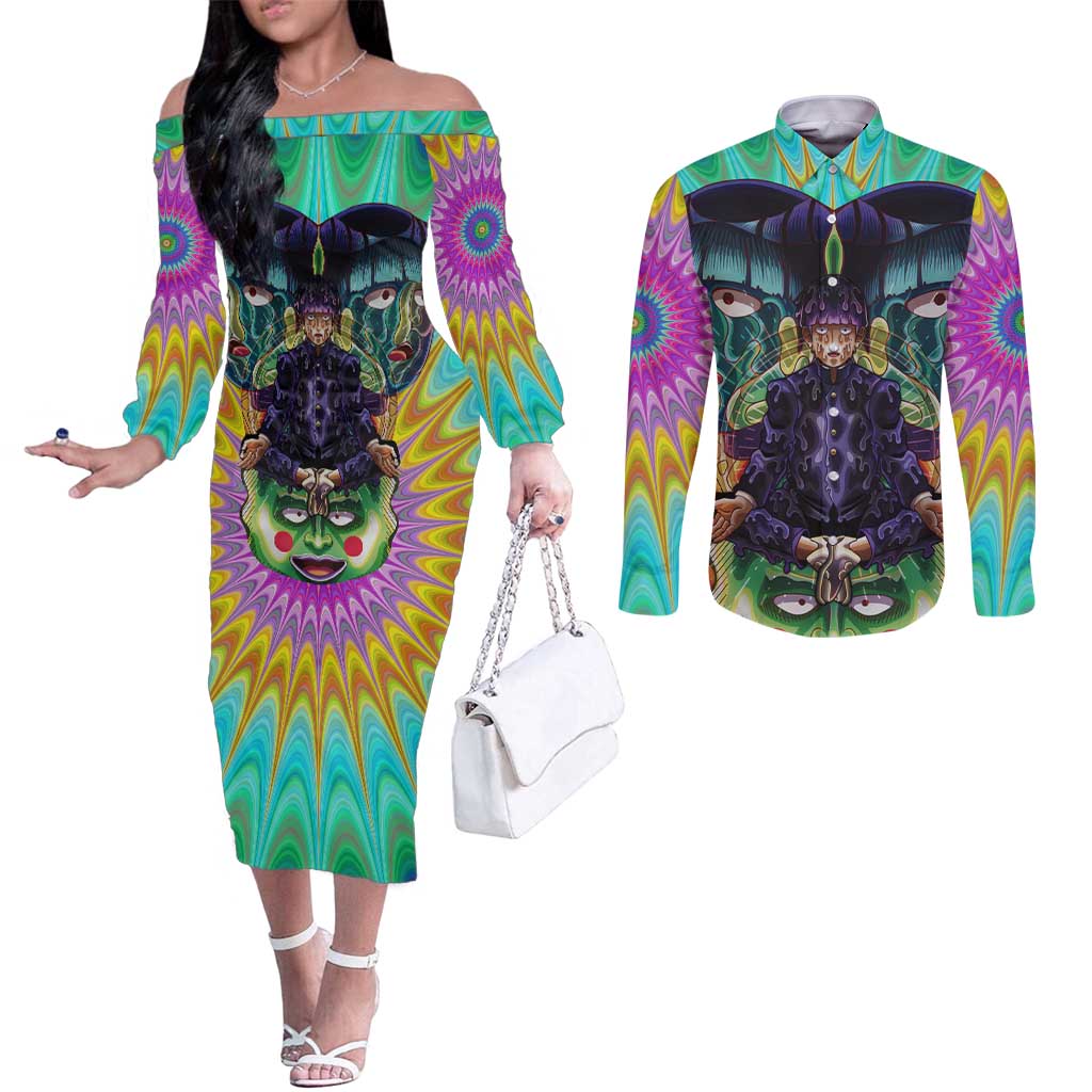 Trippy Meditating Shigeo Kageyama Mob Psycho 100 Couples Matching Off The Shoulder Long Sleeve Dress and Long Sleeve Button Shirt Trippy Mix Anime Style - The Mazicc