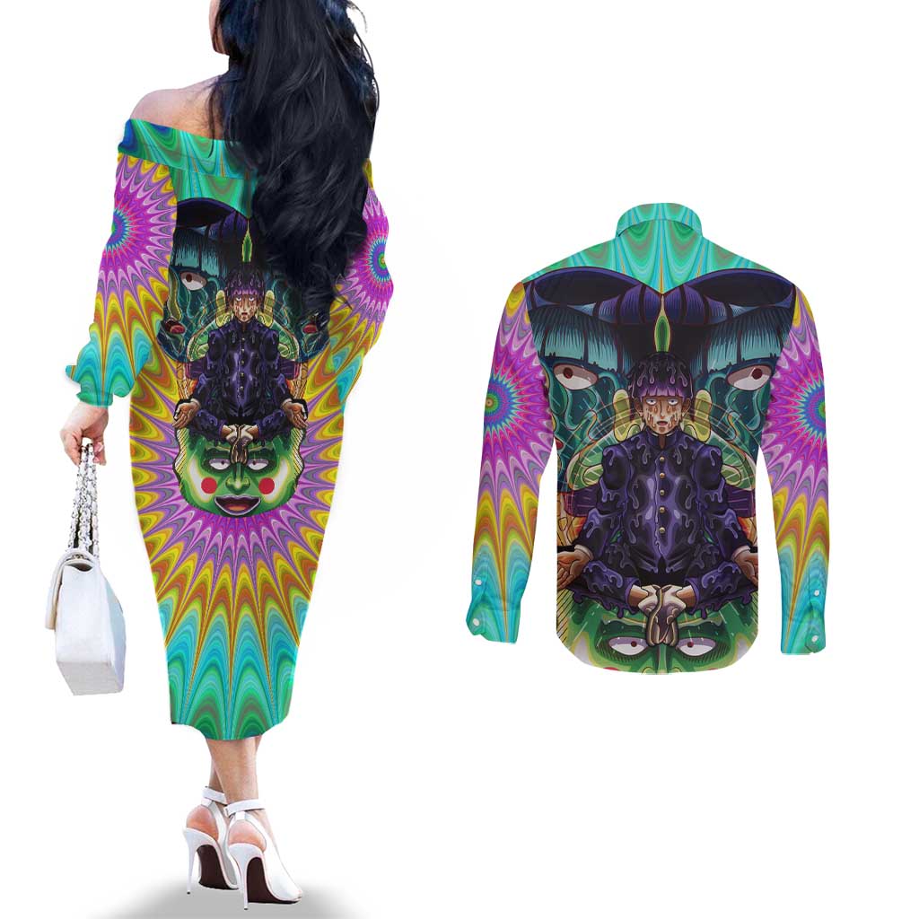 Trippy Meditating Shigeo Kageyama Mob Psycho 100 Couples Matching Off The Shoulder Long Sleeve Dress and Long Sleeve Button Shirt Trippy Mix Anime Style - The Mazicc