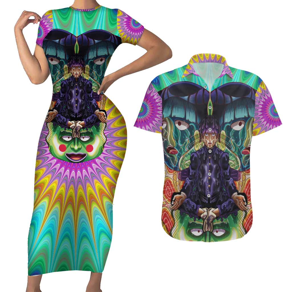 Trippy Meditating Shigeo Kageyama Mob Psycho 100 Couples Matching Short Sleeve Bodycon Dress and Hawaiian Shirt Trippy Mix Anime Style - The Mazicc
