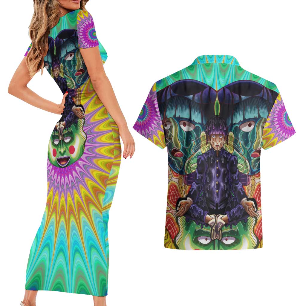 Trippy Meditating Shigeo Kageyama Mob Psycho 100 Couples Matching Short Sleeve Bodycon Dress and Hawaiian Shirt Trippy Mix Anime Style - The Mazicc