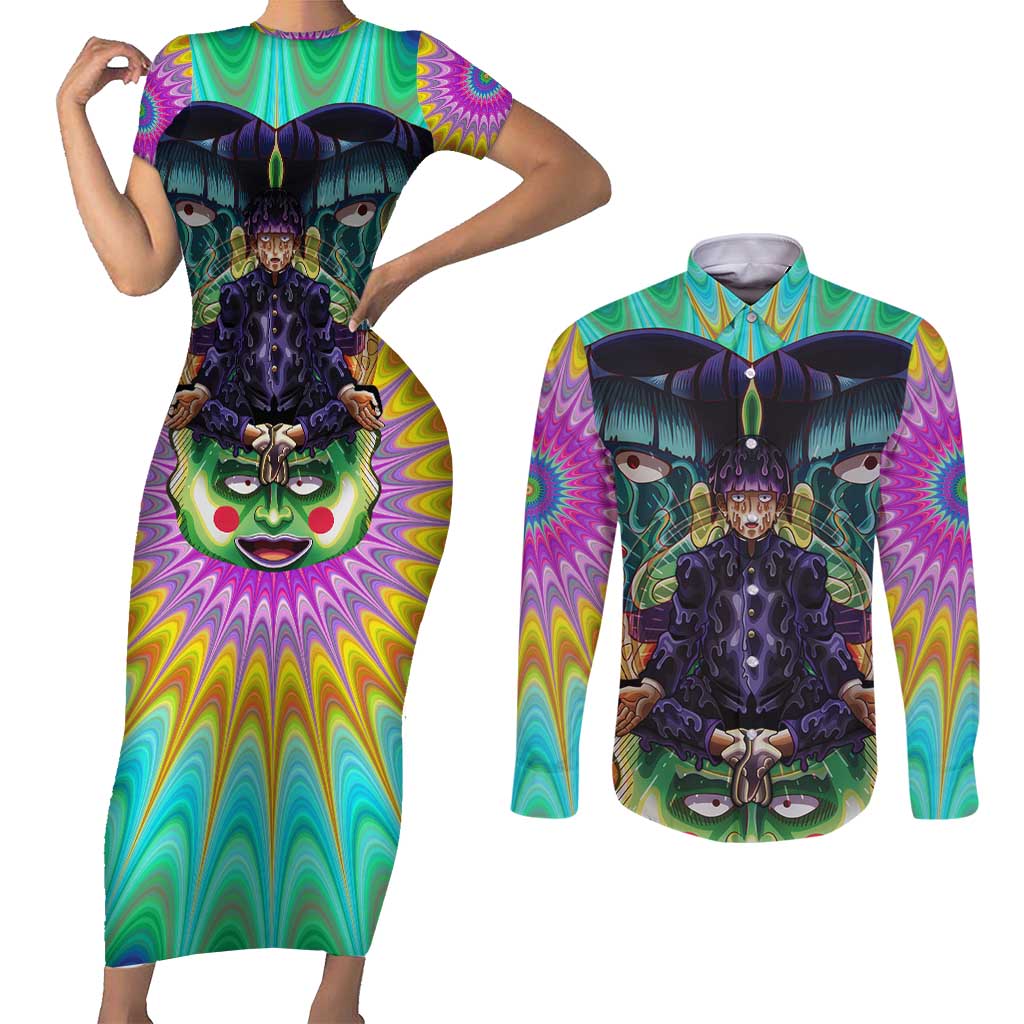 Trippy Meditating Shigeo Kageyama Mob Psycho 100 Couples Matching Short Sleeve Bodycon Dress and Long Sleeve Button Shirt Trippy Mix Anime Style - The Mazicc