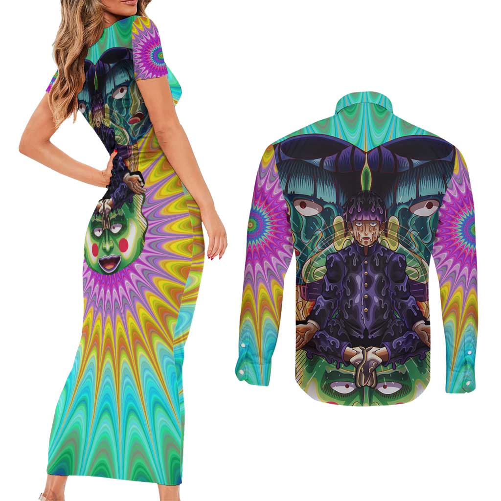 Trippy Meditating Shigeo Kageyama Mob Psycho 100 Couples Matching Short Sleeve Bodycon Dress and Long Sleeve Button Shirt Trippy Mix Anime Style - The Mazicc