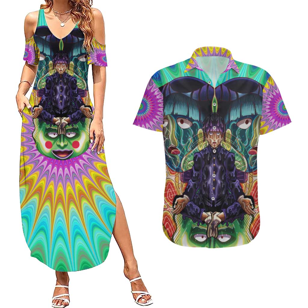 Trippy Meditating Shigeo Kageyama Mob Psycho 100 Couples Matching Summer Maxi Dress and Hawaiian Shirt Trippy Mix Anime Style - The Mazicc