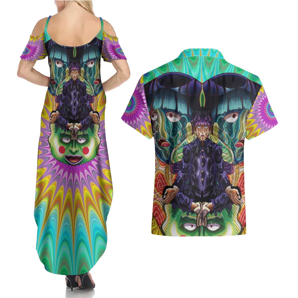 Trippy Meditating Shigeo Kageyama Mob Psycho 100 Couples Matching Summer Maxi Dress and Hawaiian Shirt Trippy Mix Anime Style - The Mazicc