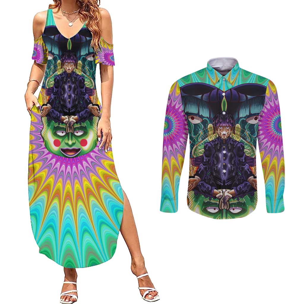Trippy Meditating Shigeo Kageyama Mob Psycho 100 Couples Matching Summer Maxi Dress and Long Sleeve Button Shirt Trippy Mix Anime Style - The Mazicc